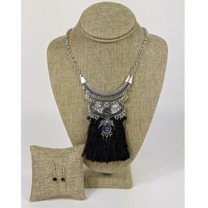 Silver & Black Tassel Necklace Set